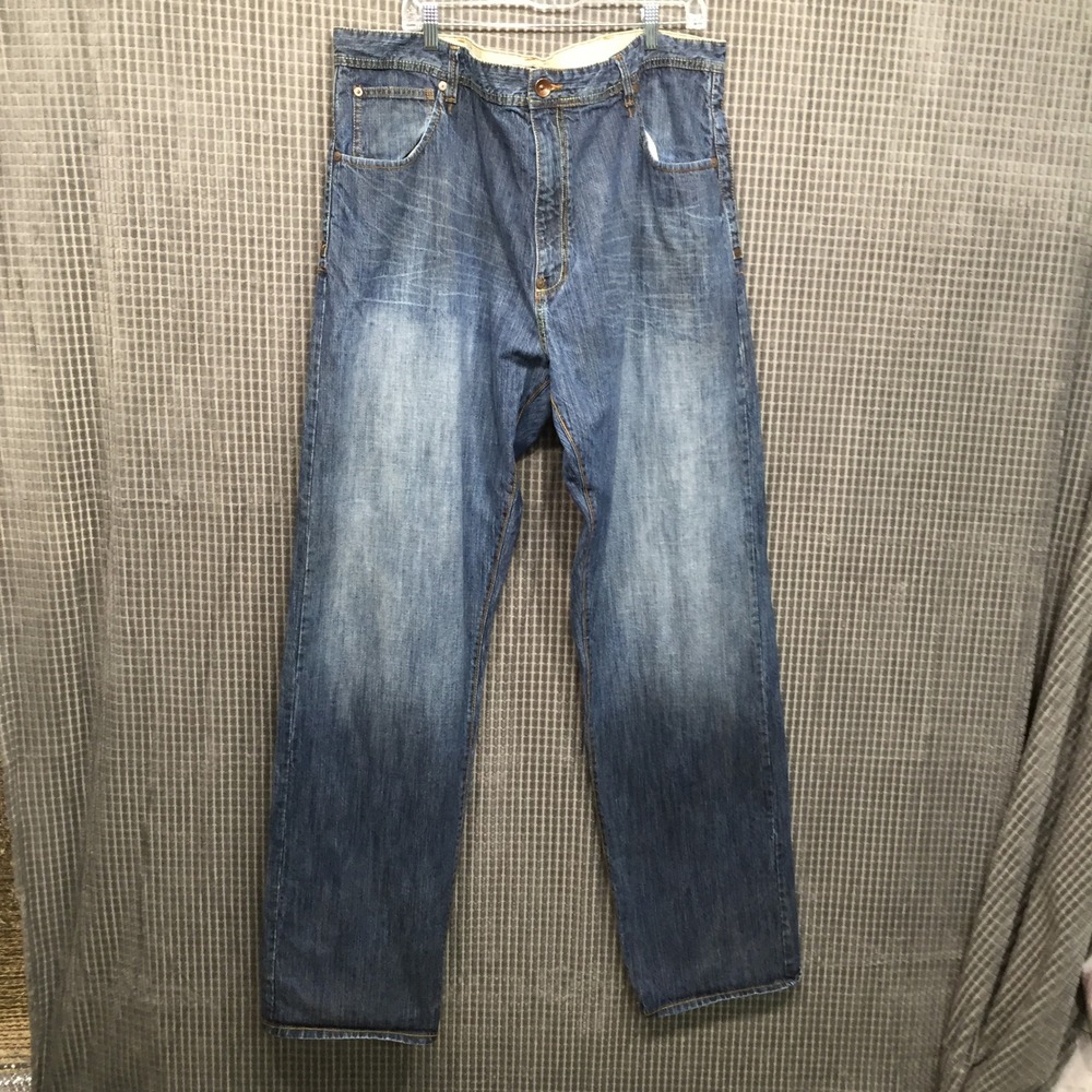 Sean John Mens Jeans Relaxed Fit Straight Leg Crest Logo 42 Blue‎